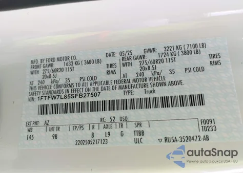 2025 Ford F-150 Platinum из США, поврежденный, VIN 1FTFW7L85SFB27507